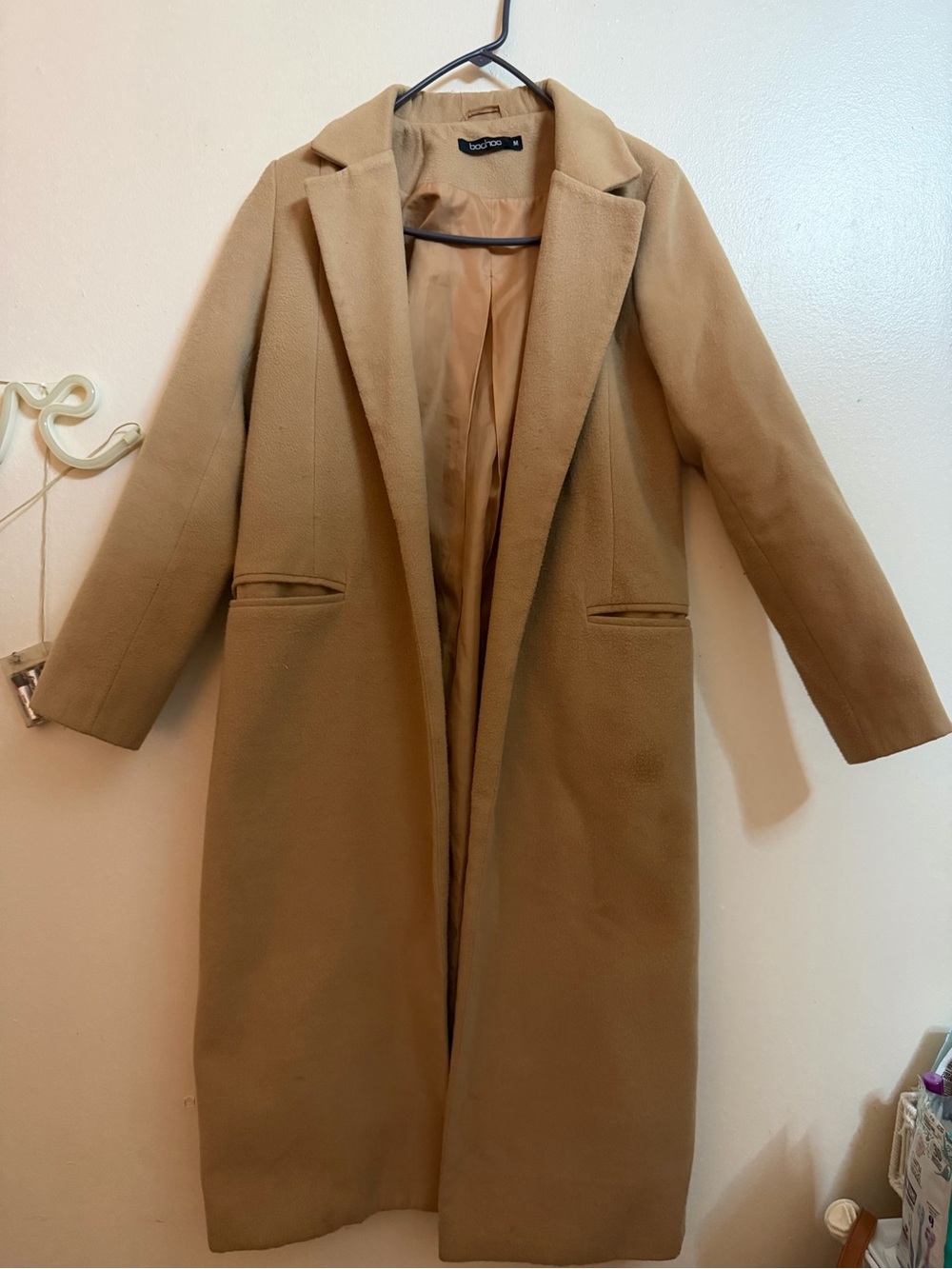 Boohoo Camel Long Wool-Blend Trench Coat